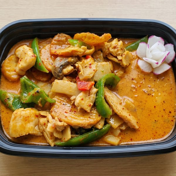 Chicken curry with green peppers, bamboo shoots, and a radish flower garnish in a black container.