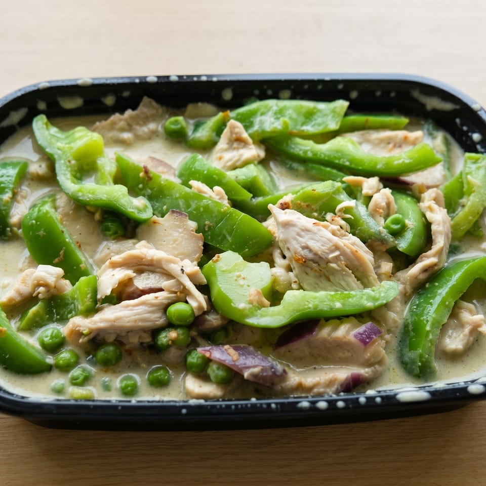 Green curry with chicken, bell peppers, and peas in a black takeout container.